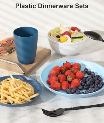 Quatish 48 Piece Plastic Plates and Bowls Sets for 6, Dinnerware Sets, Blue