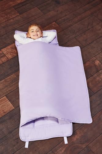 EVERYDAY KIDS Nap Mat with Removable Pillow - Lavender - Carry Handle with Straps Closure, Rollup Design, Soft Microfiber for Preschool, Daycare, Travel Sleeping Bag - Ages 3-6 Years