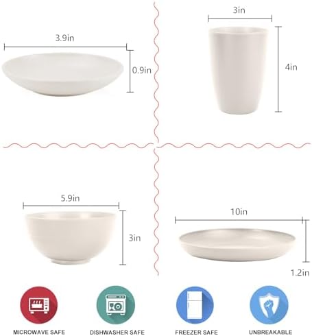 Wrova Wheat straw dinnerware sets - 28 Pieces dish sets service for 4 - Lightweight and Unbreakable Plates and Bowls Sets for Travelling and Camping.White