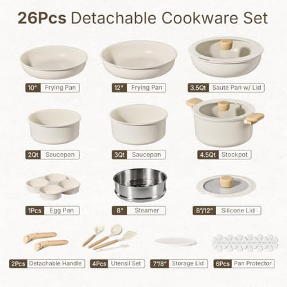 CAROTE 26pcs Pots and Pans Set Non Stick, Cookware Set Detachable Handle