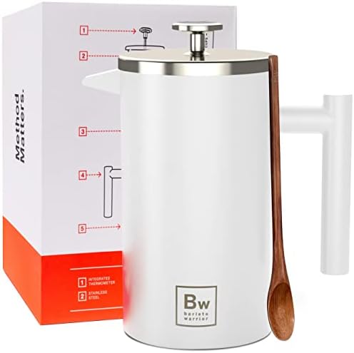 Barista Warrior French Press Coffee Maker - Double-Wall Stainless Steel Insulated French Press with Built-In Thermometer, Dual Filters Coffee Maker with Wooden Spoon - White