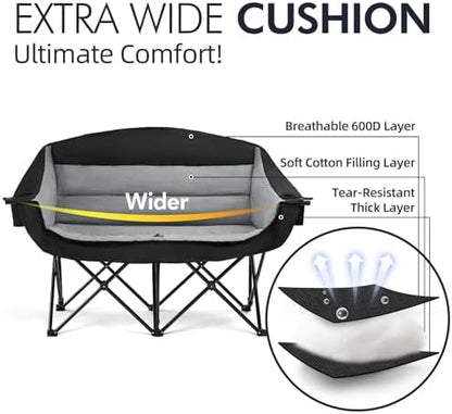 Double Camping Chair Loveseat -2 Person Oversized Padded Outdoor Camp Couch