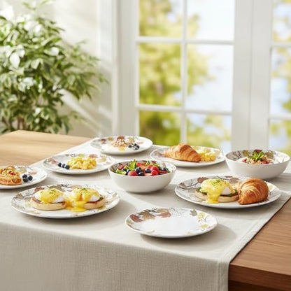 Melamine Dinnerware Set for 4, 12-Piece Fall Dishes, Yellow Maple Leaves