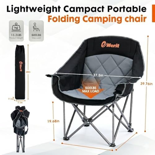 EMERIT Oversized Padded Camping Chair for Big Tall Adults, 500 LBS Heavy Duty Foldable Quad Lawn Chair, 19.68" High Seat, 4-Layer Cushion, Cup Holder, Camping Tailgating Backyard Patio Sports, Black