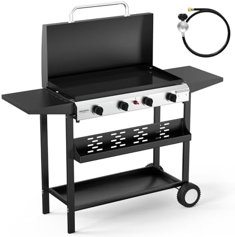 ROVSUN 4 Burner Portable Propane Griddle with Electronic Ignition, 40000 BTU Rolling Flat Top Gas Grill with Enameled Tray & Lid, Side Shelves & Regulator for Outdoor Cooking Camping BBQ Tailgating