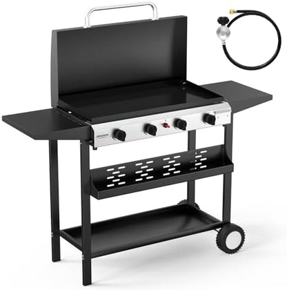 ROVSUN 4 Burner Portable Propane Griddle with Electronic Ignition, 40000 BTU Rolling Flat Top Gas Grill with Enameled Tray & Lid, Side Shelves & Regulator for Outdoor Cooking Camping BBQ Tailgating