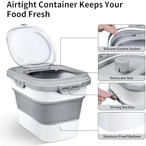 Komzon Rice Storage Container, Collapsible Airtight Food Storage Containers 6-20 Lbs, Rice Dispenser with Measuring Cup and Small Bin for Flour Cereal Pasta Grain, Cat Pet Dog Bird Food Container