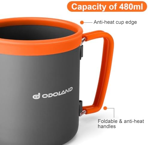 Odoland Camping Pots with Heat Exchanger Camping Cooking Set with Portable Camping Stove Camping Mess Kit Include Mug, Folding Utensil Set, Canister Stabilizer for Backpacking Outdoor Hiking & Picnic