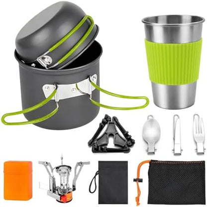 aiGear 8pcs Camping Cooking Set for 1-2 People with Pot Cutlery Stove Stand