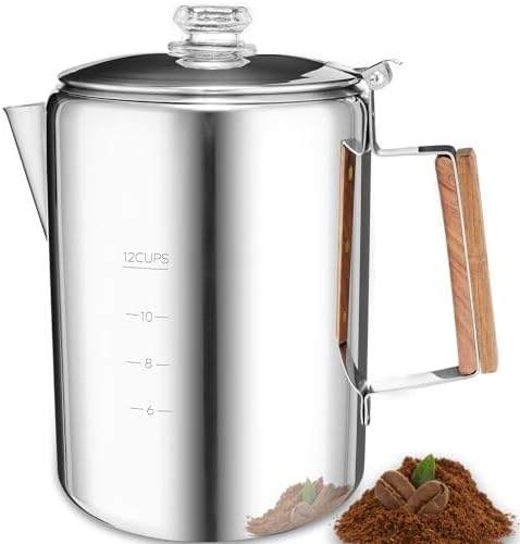 MEREZA Camping Percolator Coffee Pot 12 Cup Stove Top Coffee Percolator Non Electric Coffee Maker Camping Stainless Steel Coffee Pot Outdoors Home No Aluminum & Plastic Fast Brew