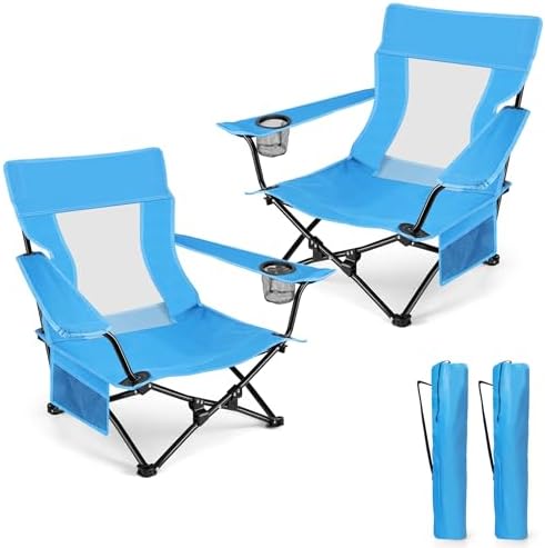 HaSteeL Low Beach Chairs, 2Pcs Folding Camping Lawn Chairs - Blue