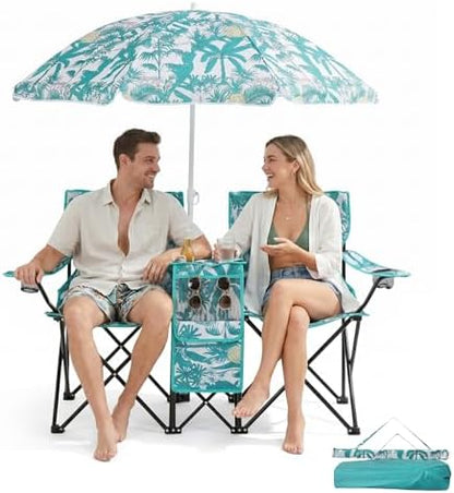 Outvita Folding Double Camping Chair w/Umbrella, Cooler for Beach Patio L
