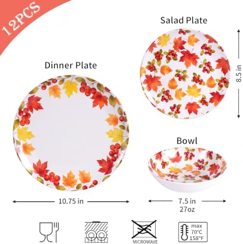 12-Piece Melamine Dinnerware Set, Fall Plates and Bowls Set