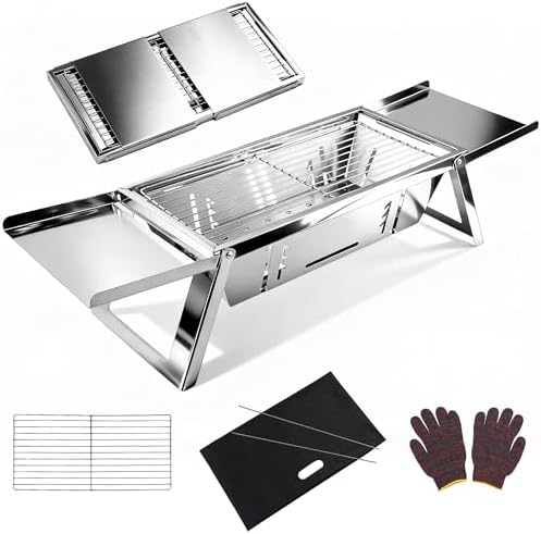 Portable Charcoal Grill 2-3 People Foldable Camping Grill for Outdoor Cooking, Small Charcoal Grill, Portable Fire Pit, Stainless Steel Mini Outdoor Grill for Camping, Picnic, Bonfire