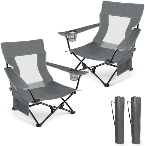 HaSteeL Low Beach Chairs, 2Pcs Folding Camping Lawn Chairs - Grey
