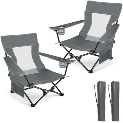 HaSteeL Low Beach Chairs, 2Pcs Folding Camping Lawn Chairs - Grey