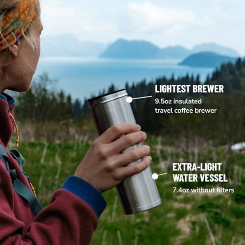 ESPRO Go P0 Ultralight French Press Coffee Maker for Travel, Vacuum Insulated Stainless Steel, 16 Ounces, Brushed Stainless Steel