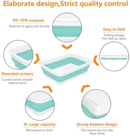 Goderewild Collapsible Dish Pan, 10L (2.6 Gal) Foldable Sink Tub, Mint