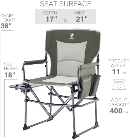 EVER ADVANCED Camping Directors' Chair with Side Table, Portable Folding Chair with Compact Size, Heavy Duty with Pocket for Camping, Lawn, Sports and Fishing, 400lbs, Green 2 Pack