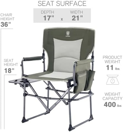 EVER ADVANCED Camping Directors' Chair with Side Table, Portable Folding Chair with Compact Size, Heavy Duty with Pocket for Camping, Lawn, Sports and Fishing, 400lbs, Green 2 Pack