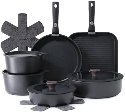SENSARTE 17 Piece Nonstick Detachable Handle Pots and Pans Set Black