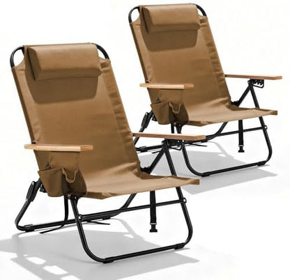 2 Pack Premium 5-Position Reclining Camping Chair - Portable Folding Lightweight Outdoor Chair with Wooden Armrests, Headrest & Pockets, 350lbs Heavy Duty for Beach, Patio, Backyard, Brown