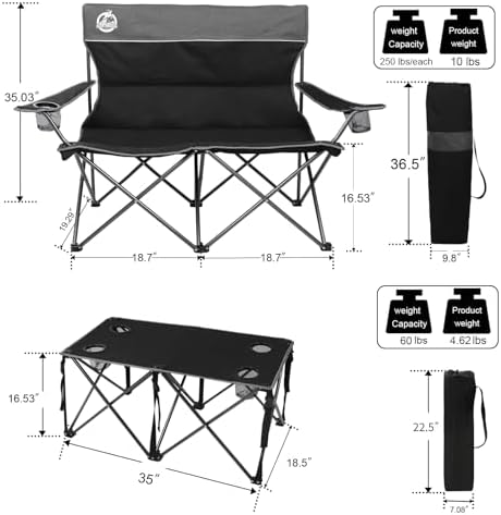 Northroad Folding Camping Chair Set of 4, Portable Collapsible Conversation Set w/1 Sofa, 2 Single Chairs, 1 Table for Family Patio, Outdoor Travel,Beach(Black)