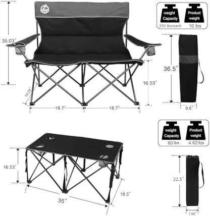 Northroad Folding Camping Chair Set of 4, Portable Collapsible Conversation Set w/1 Sofa, 2 Single Chairs, 1 Table for Family Patio, Outdoor Travel,Beach(Black)