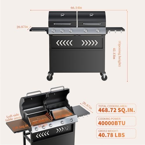 5-Burner Propane Gas Griddle – 40,000 BTU Convertible Flat Top Grill with Hood & Removable Cart – Portable for Camping, Tailgating, Backyard
