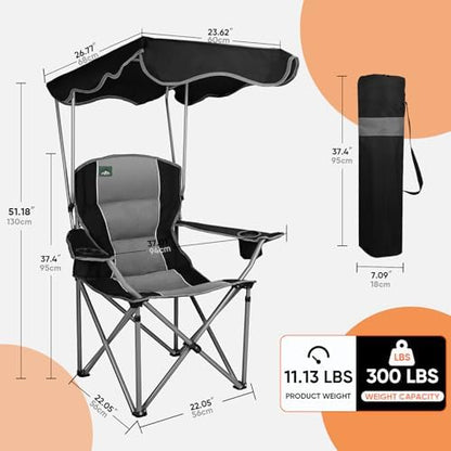 Northroad Folding Camping Chairs with Canopy Shade, Beach Chair w/Cup Holders, Armrests & Carry Bag for Outdoors Travel Sports Fishing, Black