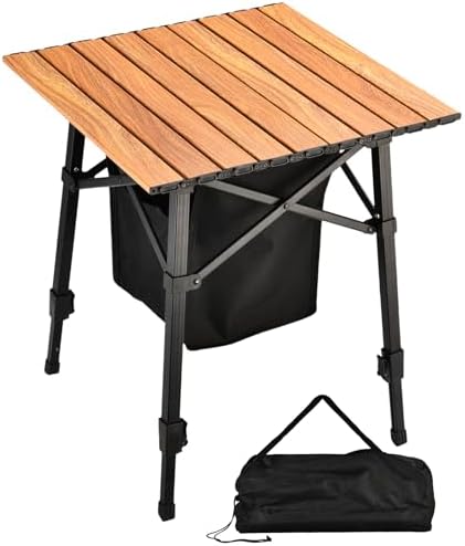 Aluminum Camping Side Table, Compact Folding Outdoor Portable Beach Small Camp Table with Carry Bag and Storage, Picnic, Hiking, Fishing, Grill(Wooden)