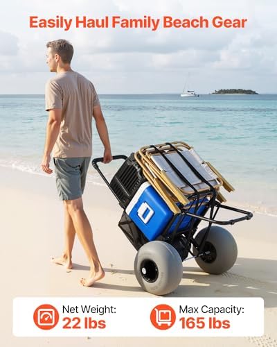 VEVOR Beach Dolly with Big Wheels for Sand, 18" x 15" Cargo Deck, Folding Sand Cart with 12" Balloon Wheels, 165 lbs Loading Capacity & 34" to 45" Adjustable Height, Heavy Duty Cart for Beach Camping