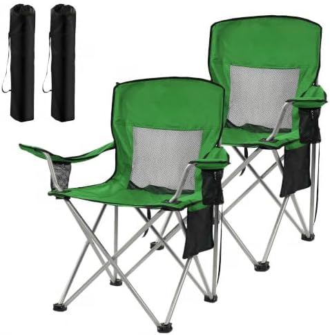 HULKFIT 2 Pack Folding Camping Chair,Heavy Duty Portable Outdoor Beach Chair for Adults with Breathable Mesh Back, Cup Holder & Carry Bag,Ideal for Backyard, Tailgating, Hiking & Travel,Grass Green