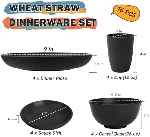 Wheat Straw Dinnerware Sets 16 PCS, Unbreakable Kids Plates and Bowls for 4-9 IN Plates, 26 OZ Cereal Bowls, 2 OZ Dipping Bowl, 12 OZ Cups, Dishwasher & Microwave Safe Plate Set - Black