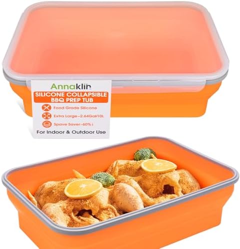 Silicone Collapsible Marinating Container with Lid for Meat, 2.64Gal/10L, Extra Large Collapsible BBQ Prep Tub, Transparent Locking Lid, XL Grill Prep Trays and Carry System, BBQ Must-Have, Orange