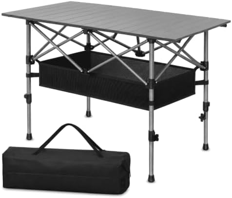 Aoran Folding Camping Table,Portable Adjustable Height Roll Up Table with Mesh Storage Net & Carry Bag,Lightweight Picnic Table for Tailgate Outdoor Backyard BBQ Patio