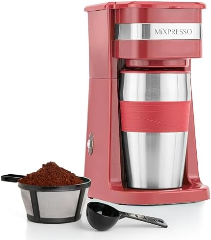 Mixpresso Single Serve & Single Cup Coffee Maker with 14oz Travel Mug Red