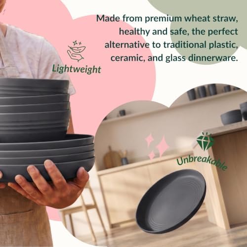 Wheat Straw Dinnerware Sets, Homienly 20pcs Unbreakable Microwave Dishwasher Safe Tableware Lightweight Bowls, Cups, Plates Set Reusable Dinner Plates Bowls set (Dark Grey)