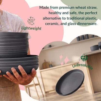 Wheat Straw Dinnerware Sets, Homienly 20pcs Unbreakable Microwave Dishwasher Safe Tableware Lightweight Bowls, Cups, Plates Set Reusable Dinner Plates Bowls set (Dark Grey)