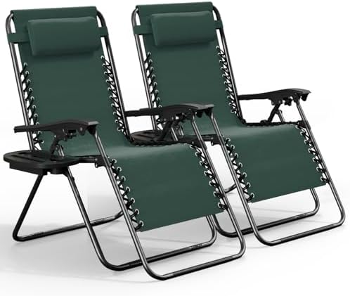 Nestl Zero Gravity Chairs Set of 2, Patio Lounge Chair Outdoor with Pillows & Cup Holder Trays, Adjustable Steel Mesh Reclining Camping Chair, Folding Patio Lawn Chair for Deck, Beach - Forest Green