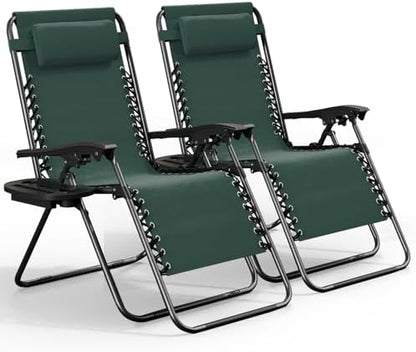 Nestl Zero Gravity Chairs Set of 2, Patio Lounge Chair Outdoor with Pillows & Cup Holder Trays, Adjustable Steel Mesh Reclining Camping Chair, Folding Patio Lawn Chair for Deck, Beach - Forest Green