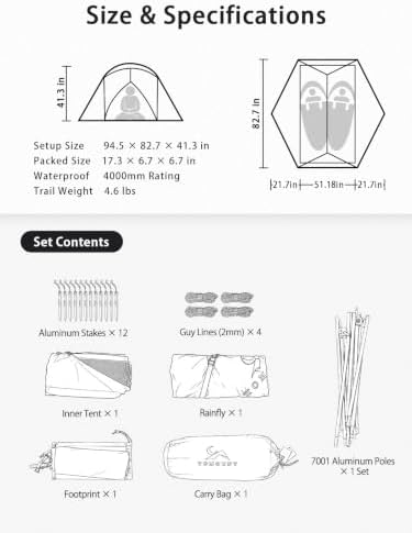 Ultralight 2 Person Backpacking Tent, 4000mm Waterproof Double Layer Free Standing Lightweight Tent, 3 Season Two Person Tent for Camping Hiking Backpacking