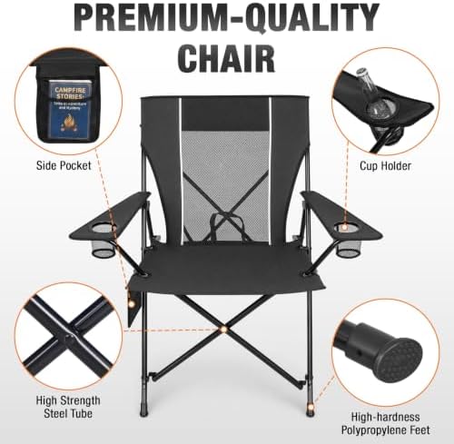 Romswi Portable Folding Camping Chair for Adults, Heavy Duty Outdoor Sports Chair with Dual Cup Holders, Side Pocket and Carry Bag, Camping Chair for Lawn, Beach, Fishing, Picnic and Tailgating,Black