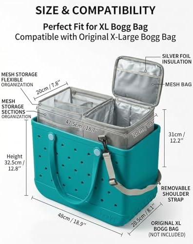 Insulated Cooler Organizer Insert Compatible with XL Bogg Bag,2-in-1 Dry-Wet Separate Tote Insert Leakproof Cooler&Mesh Storage Bag,Bogg Bag Accessories for Beach,Camping
