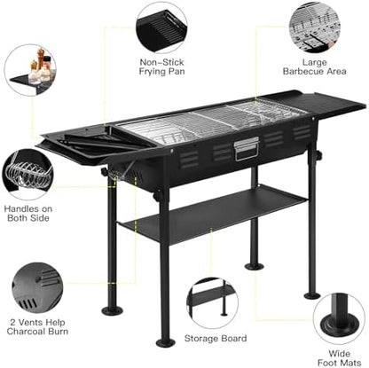 comzenz 35’’ Portable Charcoal Grill Folding BBQ Grill for Outdoor Grilling Cooking Camping Hiking Picnics Tailgating Backpacking Party, With Storage Bag & Non-Stick Frying Pan, Matte Black