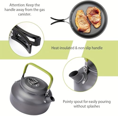 Camping Cookware Set(Green), Portable Backpacking Gear with Kettle, Pot, Pan, Cups & Foldable Cutlery, Lightweight Outdoor Cooking Kit for 2-3 People, Ideal for Hiking, Picnic & Camping