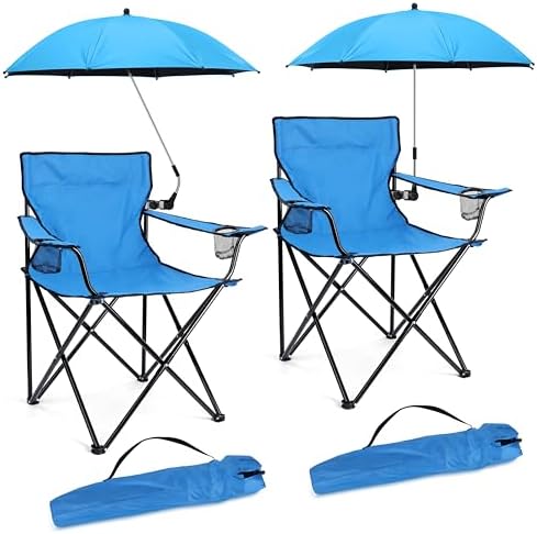 HaSteeL 2PCS Camping Chairs with Detachable Umbrella, Folding Beach Chair for Adults, Large Portable Foldable Chair for Outdoors Fishing Hiking Travel Picnic Lawn, Supports 275lbs, Storage Bags, Blue