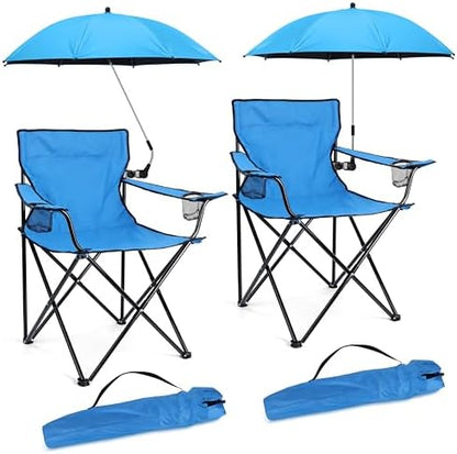 HaSteeL 2PCS Camping Chairs with Detachable Umbrella, Folding Beach Chair for Adults, Large Portable Foldable Chair for Outdoors Fishing Hiking Travel Picnic Lawn, Supports 275lbs, Storage Bags, Blue