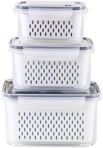 3Pack Fridge Food Storage Container Set with Lids with Strainer,Plastic Fresh Produce Saver Vegetable Fruit Meat Storage Organization, BPA-Free Plastic Produce Keepers(3.15L+1.7L+0.8L)