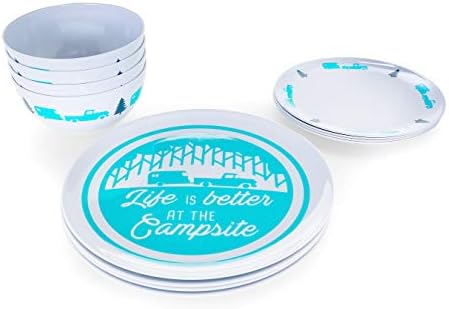 Camco Teal Life is Better at The Campsite 12 Piece Dishware Set-Blue Retro Trailer and Logo Design, Includes Plates and Bowls, Perfect for RVing and Camping, Melamine (53296)